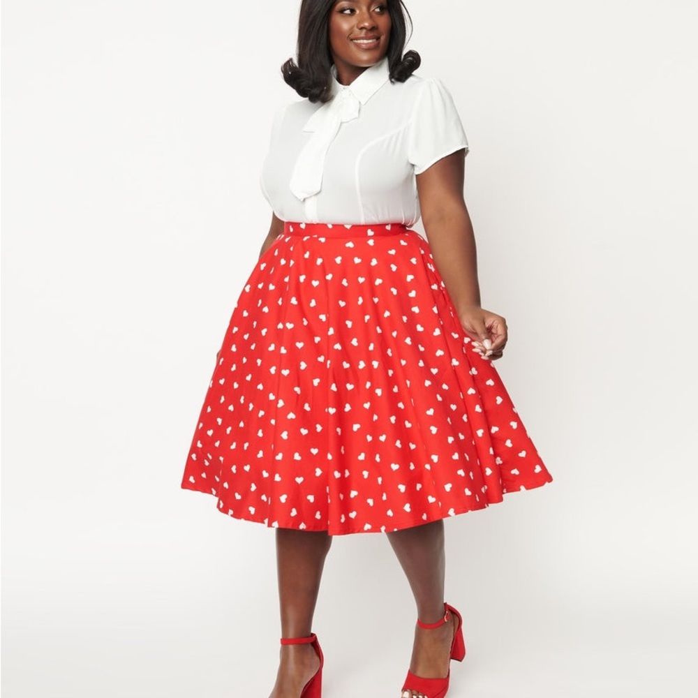 Magnolia Place Plus Size Red & White Heart Print Jenny Swing Skirt
